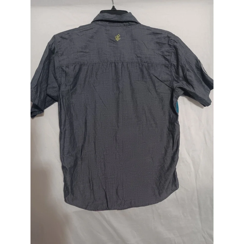 Rocawear Boys Gray Striped Short Sleeve Button Down Shirt Size M 10/12 Patch
